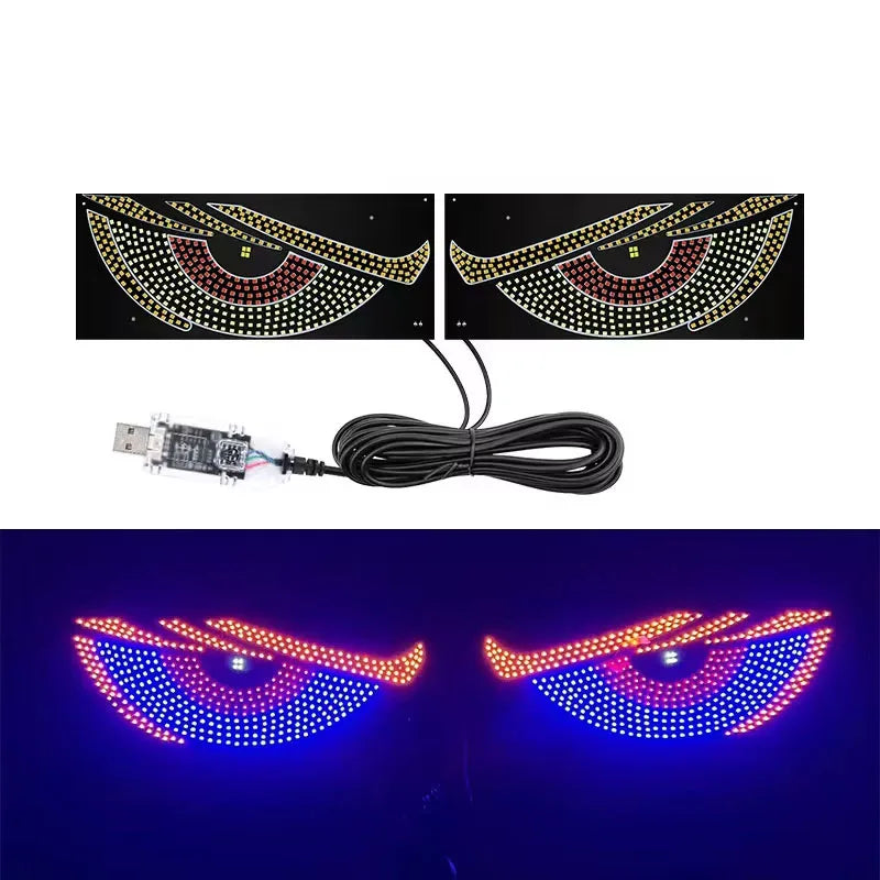 Two sets of dynamic demon eye light displays, one with gold and red lights, and another with blue and purple lights.
