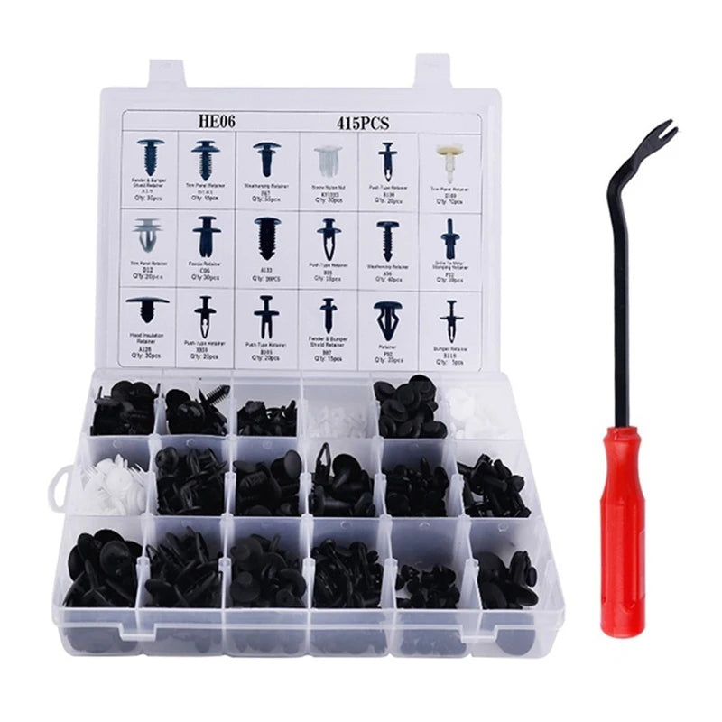 Plastik-Set mit verschiedenen Halterclips und Werkzeugen für die Installation von Autos.