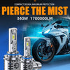 A pair of Pierce the Mist LED headlight bulbs installed in a motorcycle headlight assembly.