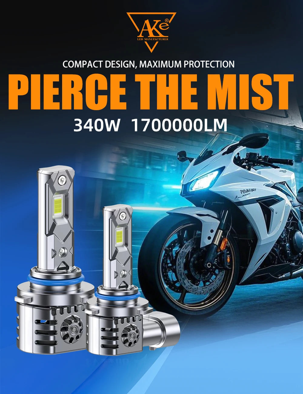 A pair of Pierce the Mist LED headlight bulbs installed in a motorcycle headlight assembly.