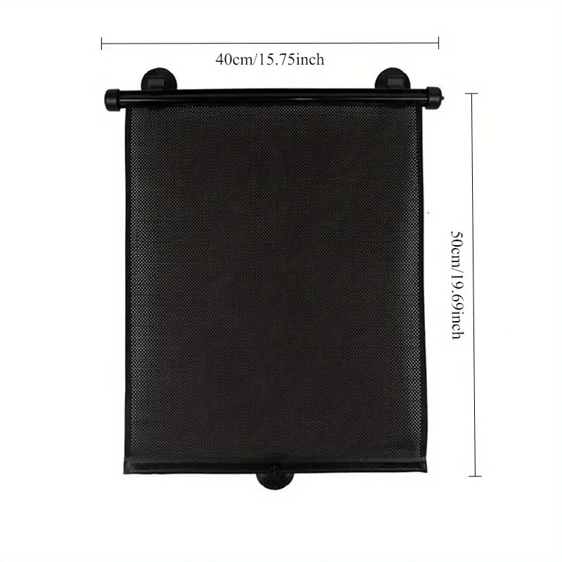 Black retractable car sunshade roller for UV protection with dimensions 40cm x 50cm.
