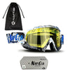 A pair of multi-color motorcycle goggles with a yellow lens and black frame, along with a black drawstring bag.