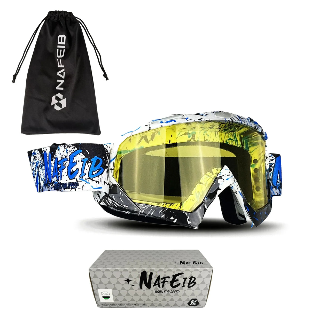 A pair of multi-color motorcycle goggles with a yellow lens and black frame, along with a black drawstring bag.