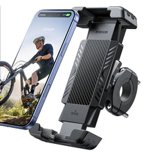 A black bike phone holder device is shown next to a smartphone, demonstrating its use for motorcycle safety.
