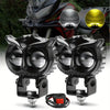 A pair of black LED car and motorcycle spotlights with mounting brackets and wiring.