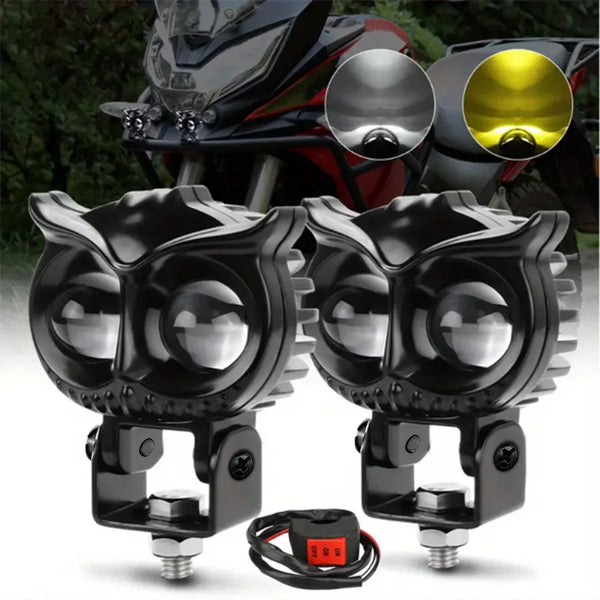 A pair of black LED car and motorcycle spotlights with mounting brackets and wiring.