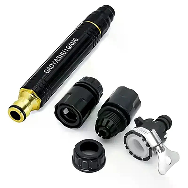 Black high-pressure water spray and watering kit with various nozzles and fittings