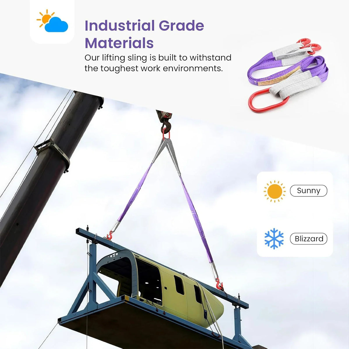 Industrial grade lifting slings with hooks shown against a cloudy sky, used for heavy duty work environments.