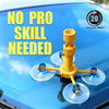 A yellow windshield repair kit with multiple discs is shown on a blue car surface.