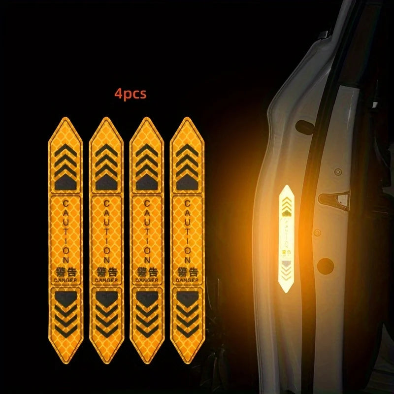 Four reflective decals for car door open warnings displayed against a dark background.