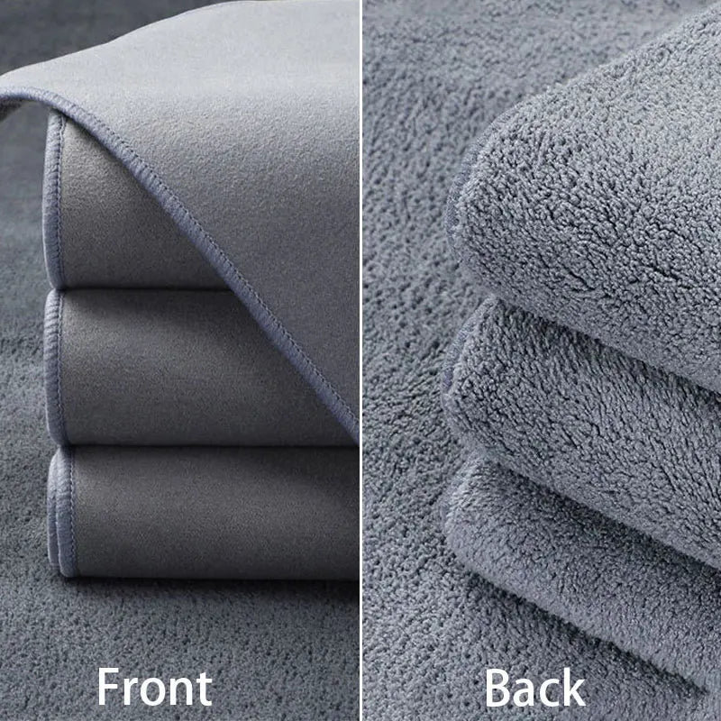 Front and back views of a multi-sided coral fleece drying towel set in gray