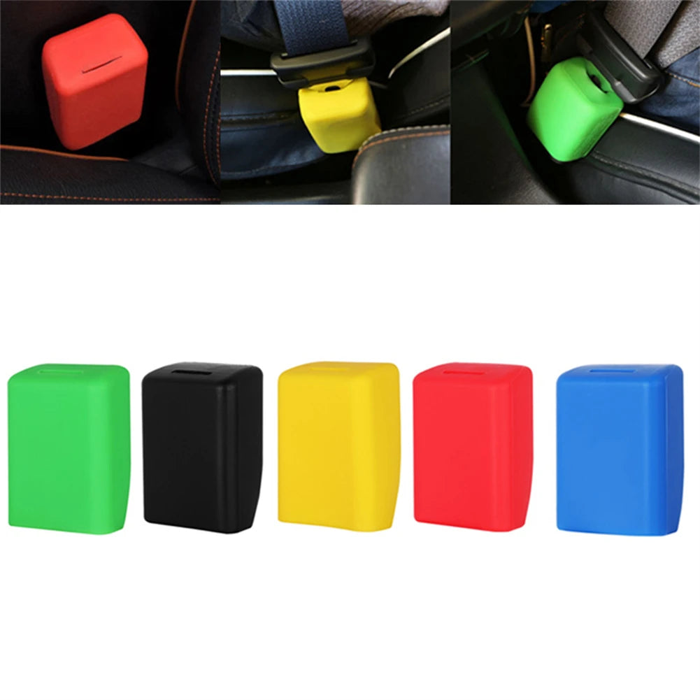 A set of silicone seat belt buckle covers in red, yellow, green, black, and blue colors.