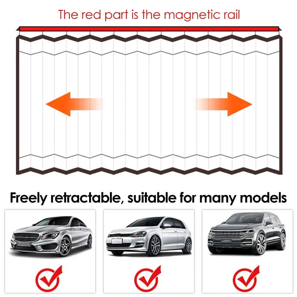 A red magnetic rail system for a retractable car window sun shade.