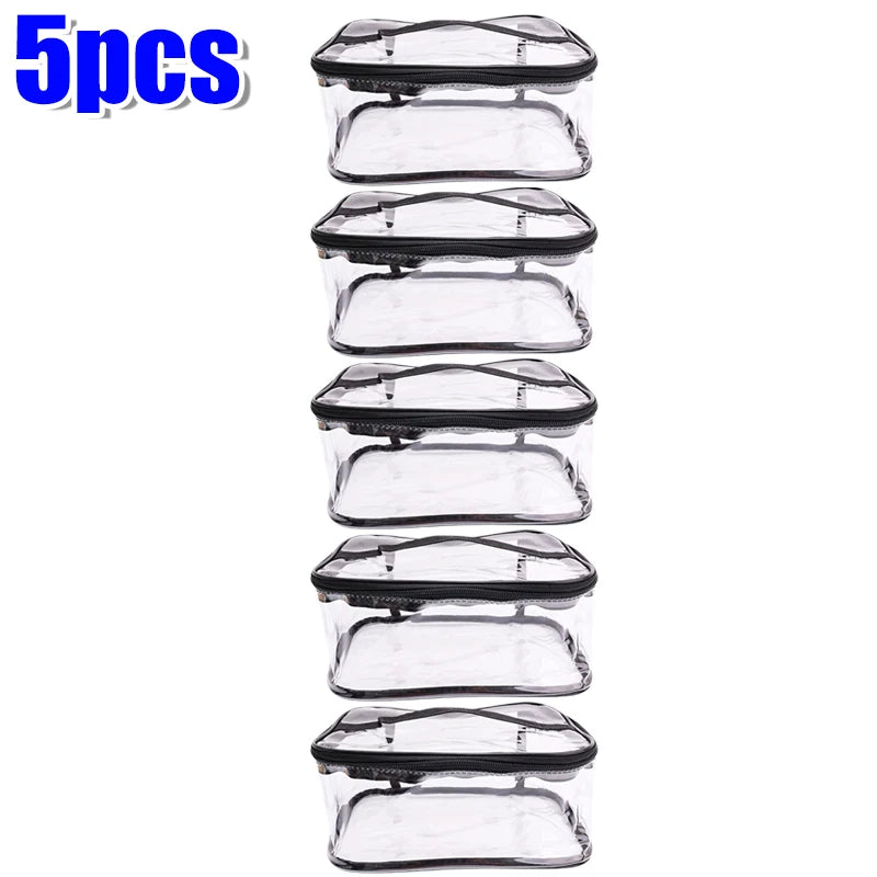 Five clear PVC storage pouches stacked vertically for organizing toys and cosmetics