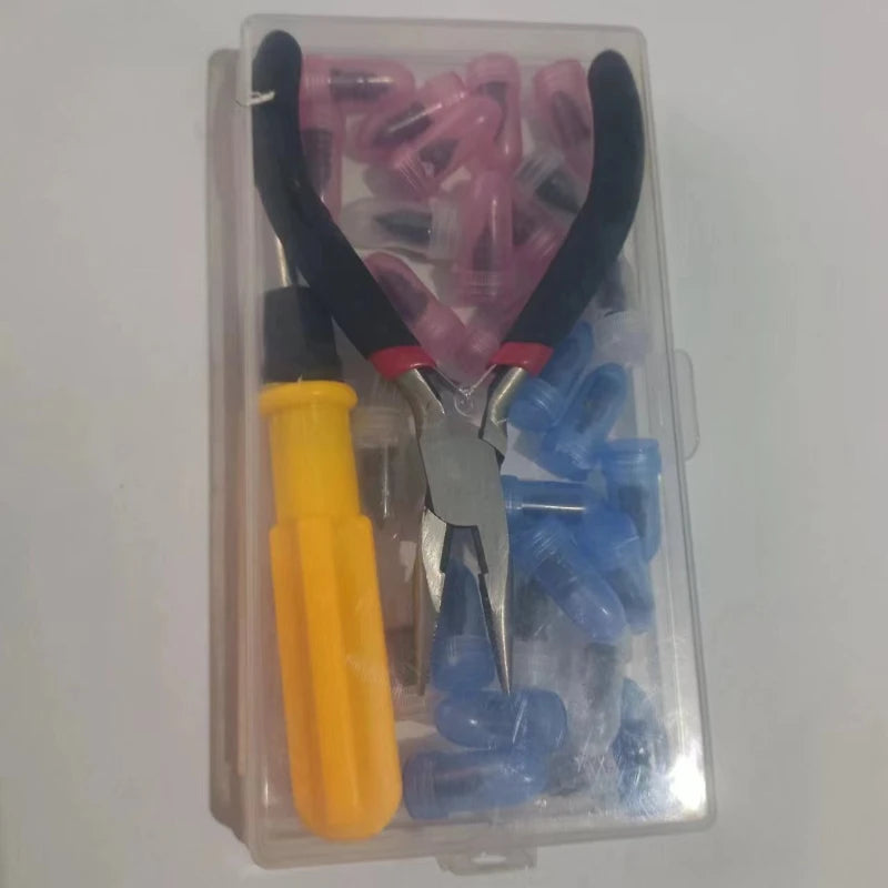 A clear plastic box containing a universal tire repair kit with various tools and components.