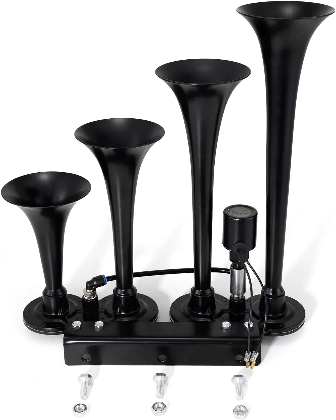 Black heavy-duty air horn system with four tubes mounted on a base.