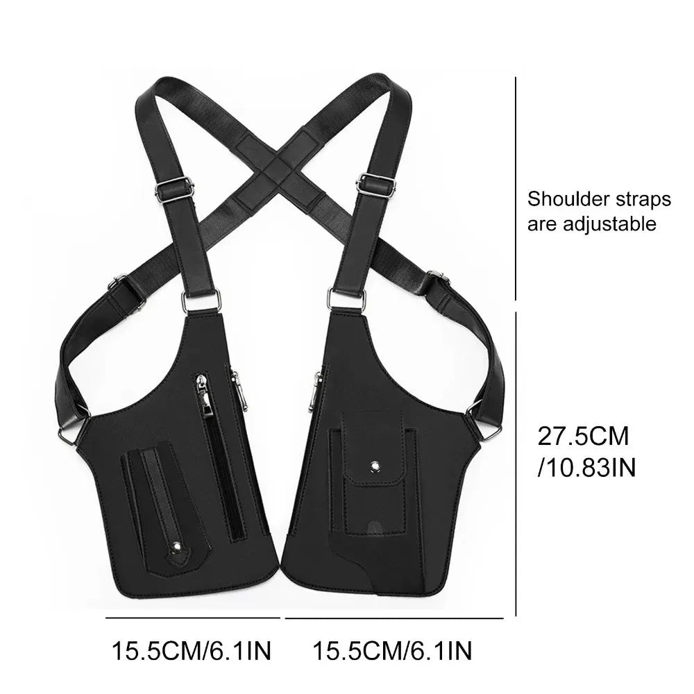 Black tactical double shoulder crossbody bag with adjustable straps and dimensions 27.5cm (10.83in)