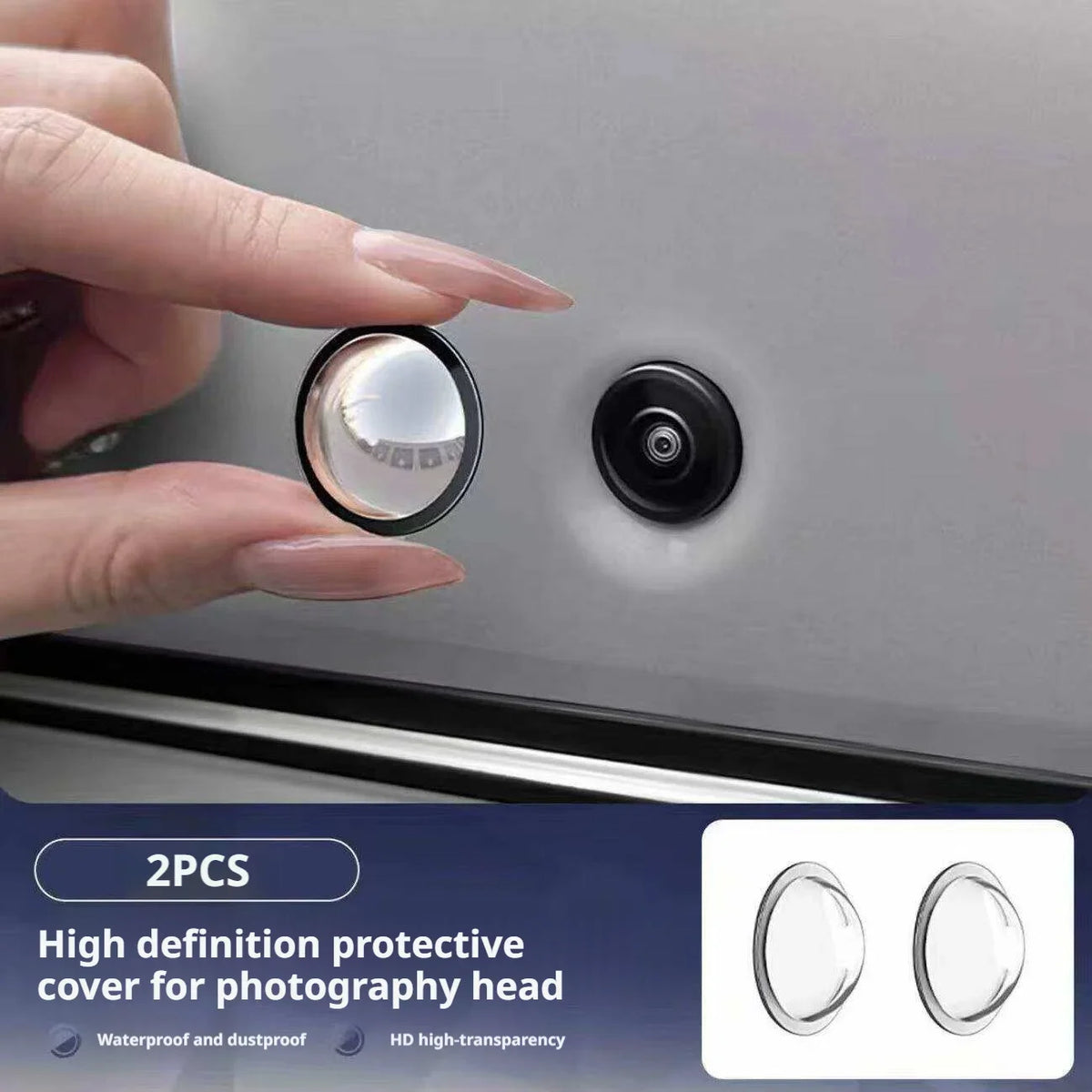 A hand is placing a high definition protective cover for a photography head onto a device.