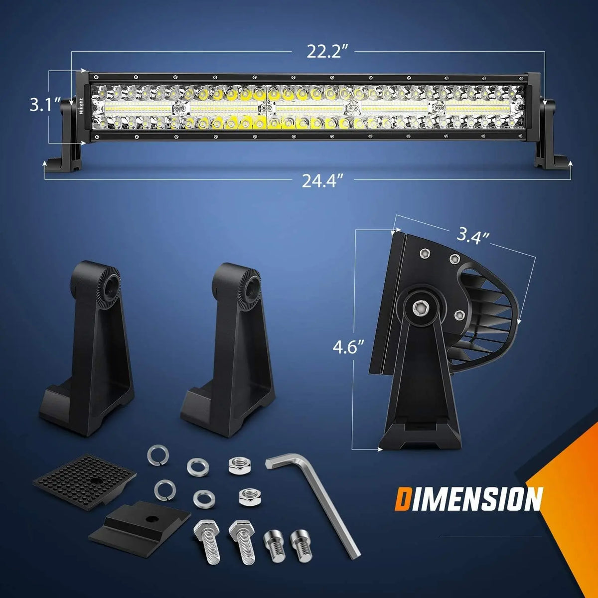 An off-road LED light bar and pod combo kit with wiring harness shown with various components.