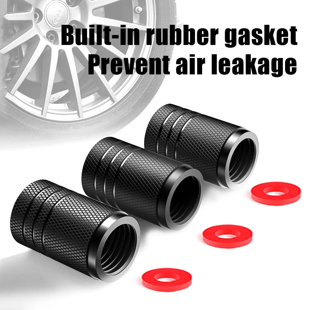A set of four black rubber gaskets and red valve caps for preventing air leakage in tires.
