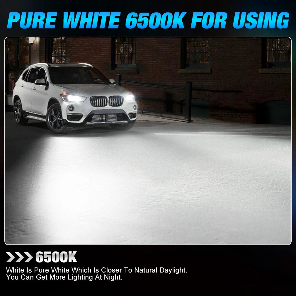 A white BMW SUV is shown with a bright white light beam illuminating the ground.