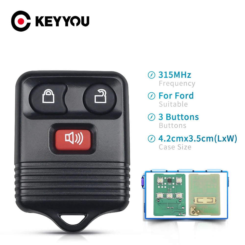 A black universal remote car key transmitter device with three buttons and a red speaker, shown next to its internal componen
