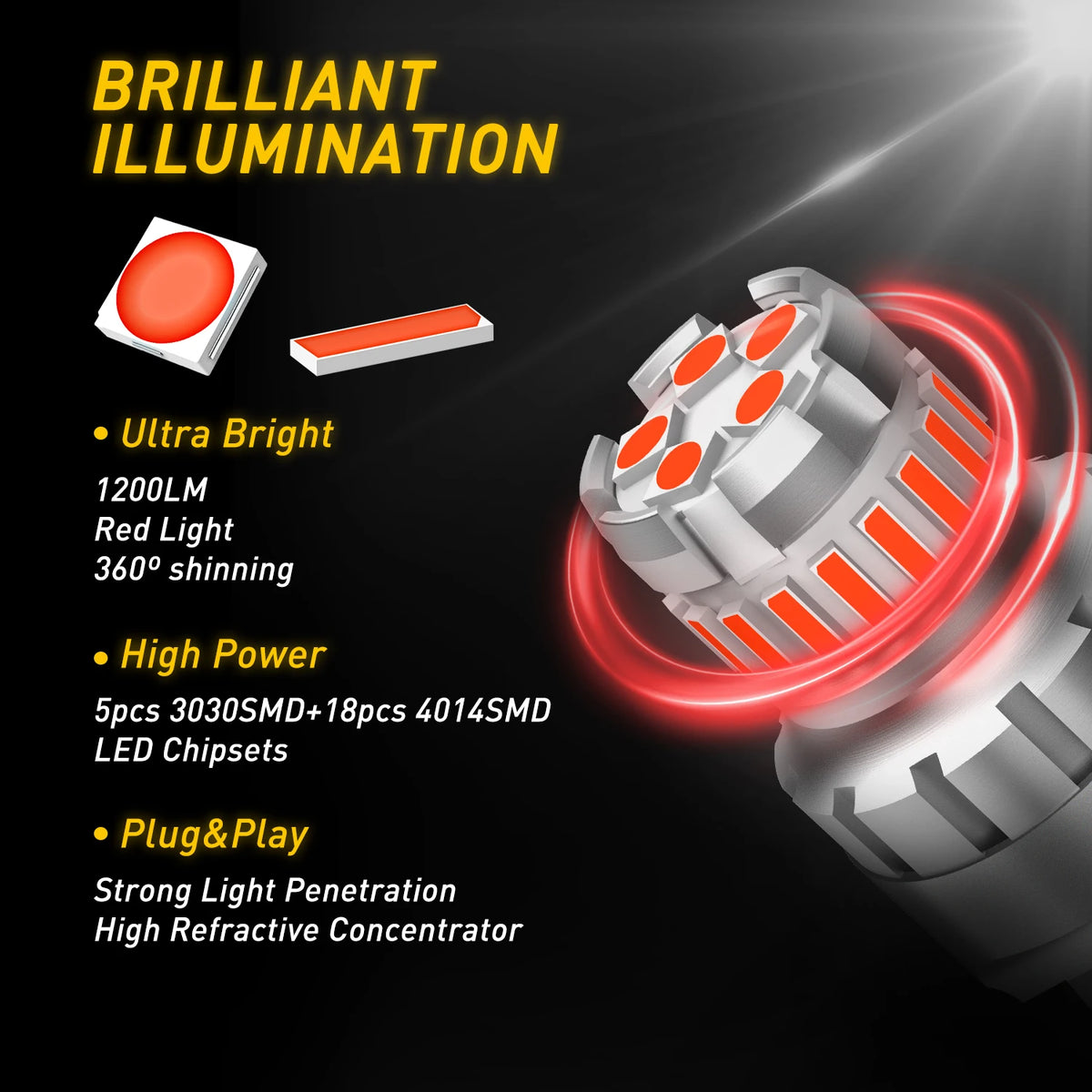 Close-up of a bright red LED brake strobe light illuminating a car tail light assembly.