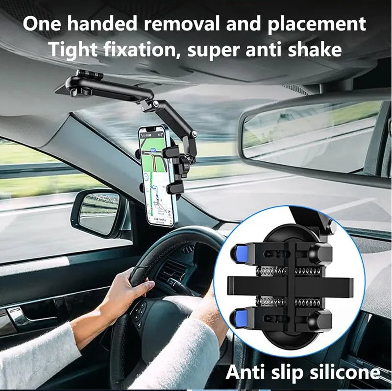 A hand holding a smartphone attached to a car window mount, demonstrating a tight fixation for an anti shake phone holder.