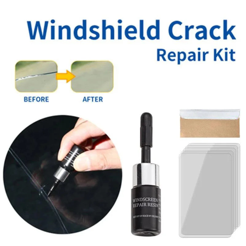 Windshield crack repair kit showing before and after results, including a resin and a repair pad.