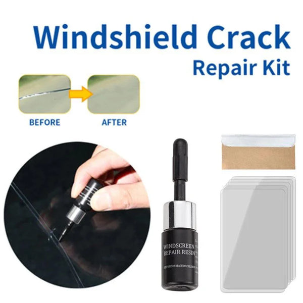 Windshield crack repair kit showing before and after results, including a resin and a repair pad.