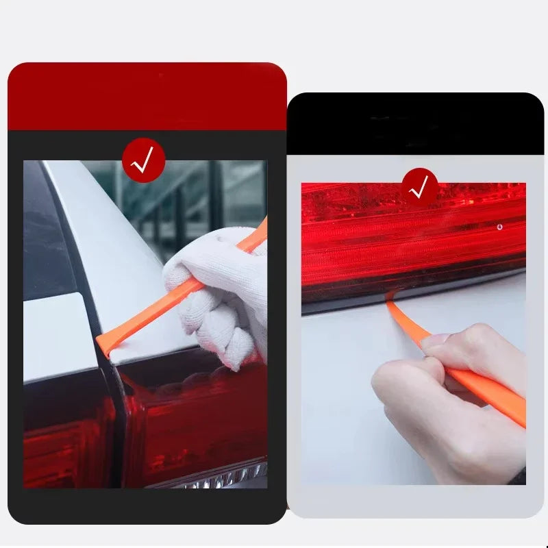 A close-up showing a vinyl car wrap tool kit with orange tools being used on a red car's taillight.