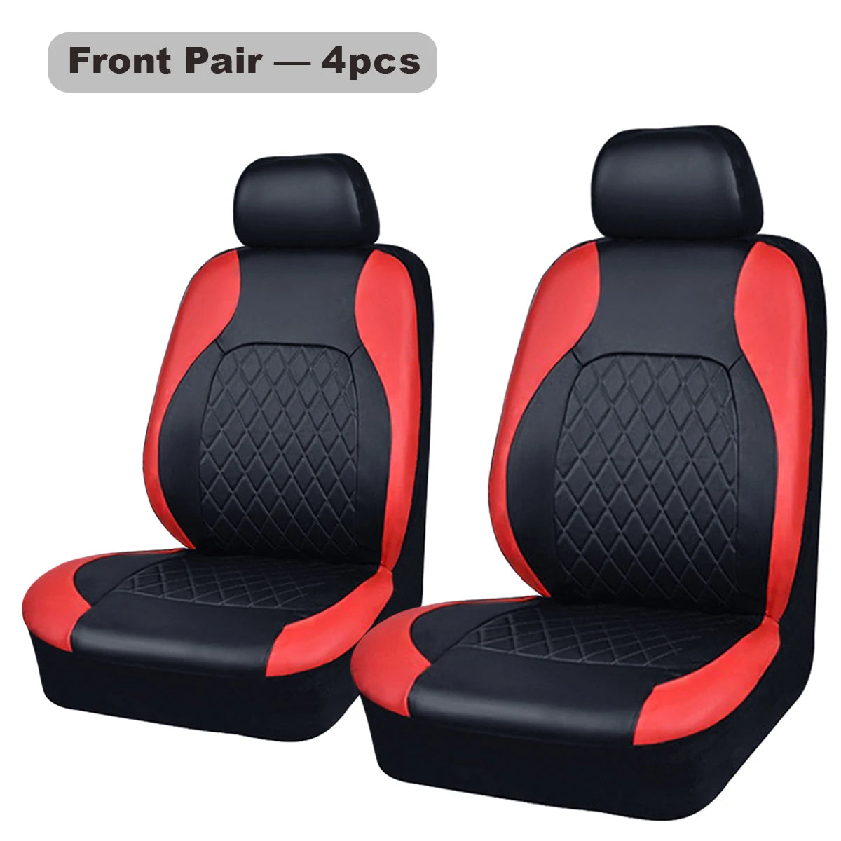 Front pair of black and red car seat covers for an All-Season PU Leather car seat.