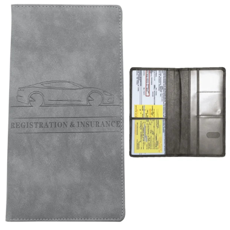 A gray PU leather document organizer featuring a clear pocket for driver's licenses and registration papers.