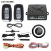 A set of remote engine start and keyless entry car alarm system components including a fob, battery, and wiring harness.