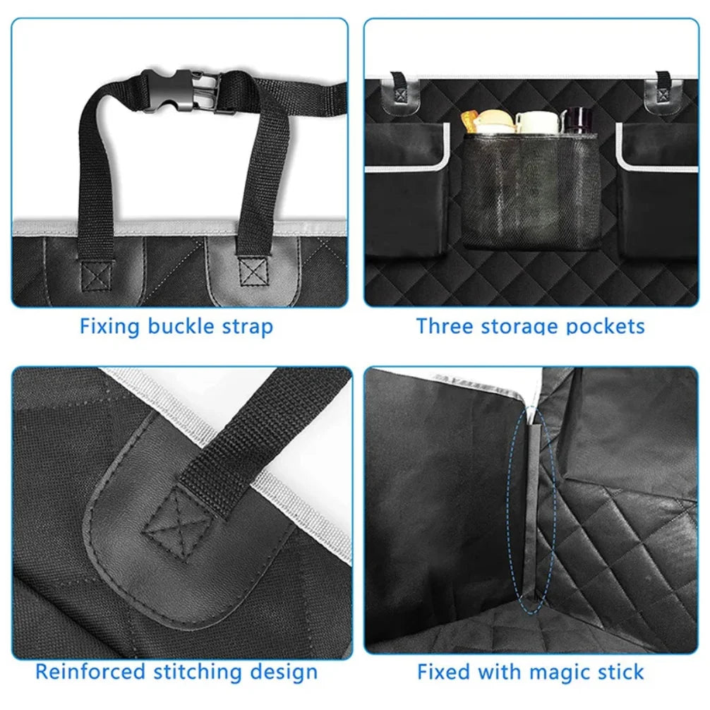 Various features of a pet trunk liner including a fixing buckle strap, three storage pockets, reinforced stitching design, an