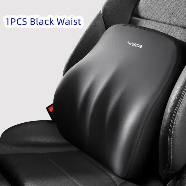 A black waist cushion is shown placed on a car seat headrest for neck and shoulder support.