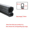 A close-up view of a black U-shaped door edge seal strip with dimensions and grip range specifications.