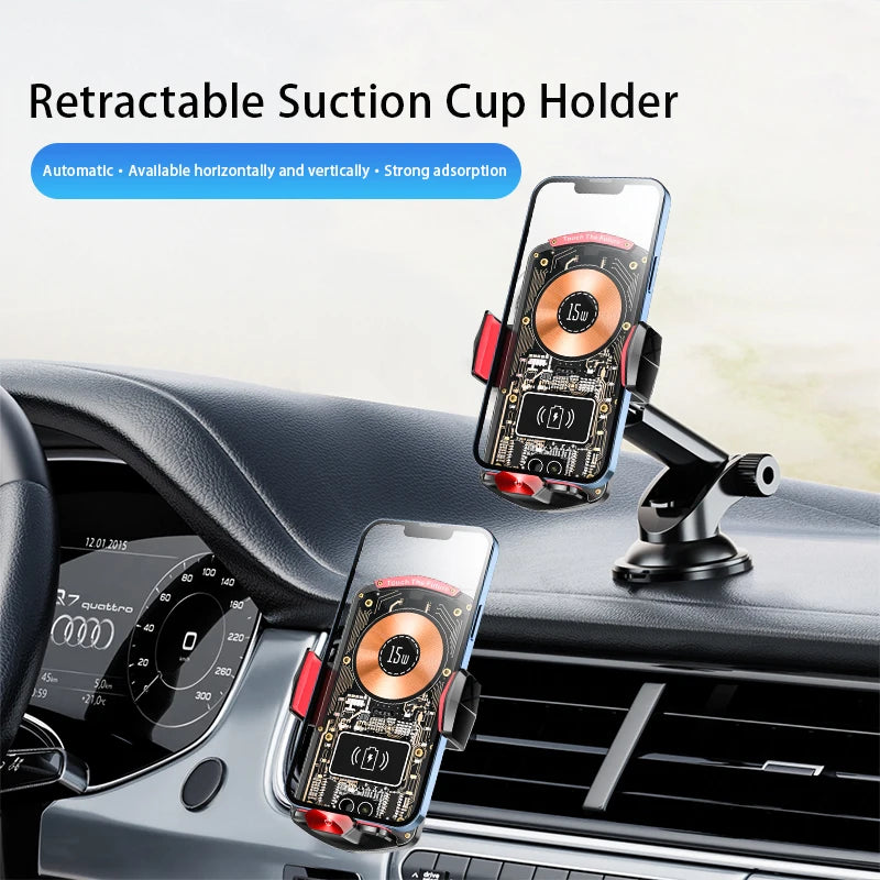 A retractable suction cup holder for a smartphone mounted on a car dashboard.