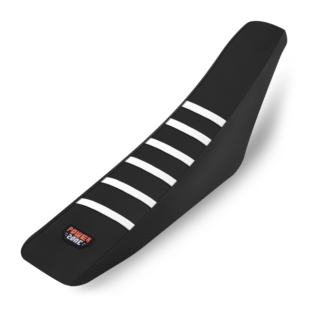 Black ribbed motorcycle seat cover with white stripes shown from the side.