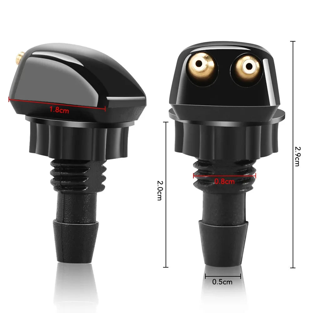 A black universal car windshield washer nozzle with a round lens and threaded base.