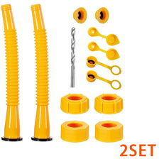 A set of yellow universal fuel transfer spouts, vent caps, and a metal fitting for fuel transfer.