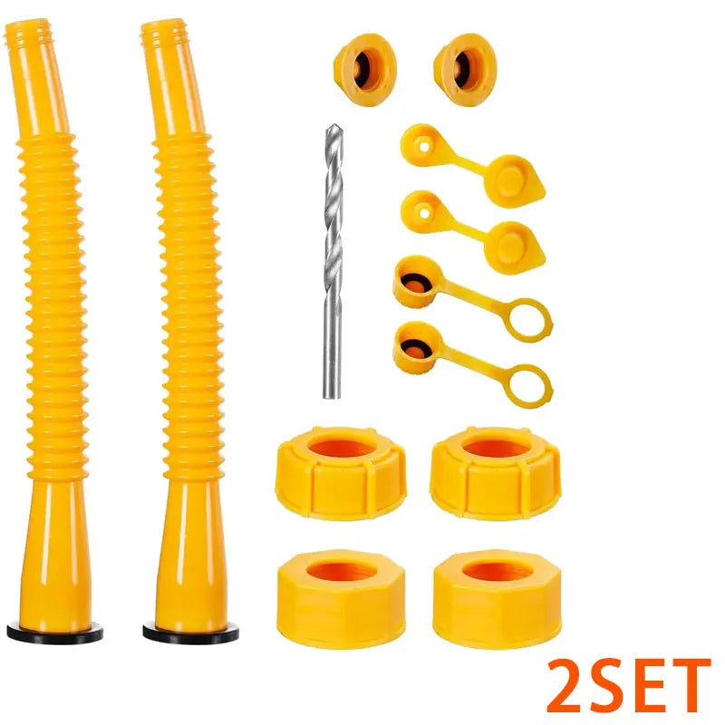 A set of yellow universal fuel transfer spouts, vent caps, and a metal fitting for fuel transfer.