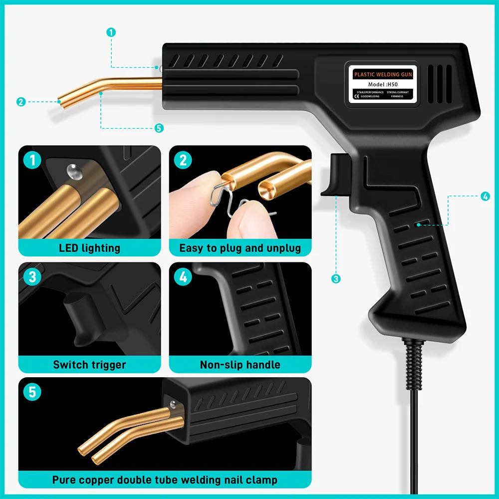 A black plastic welding gun with a copper double tube welding nail clamp and LED lighting.