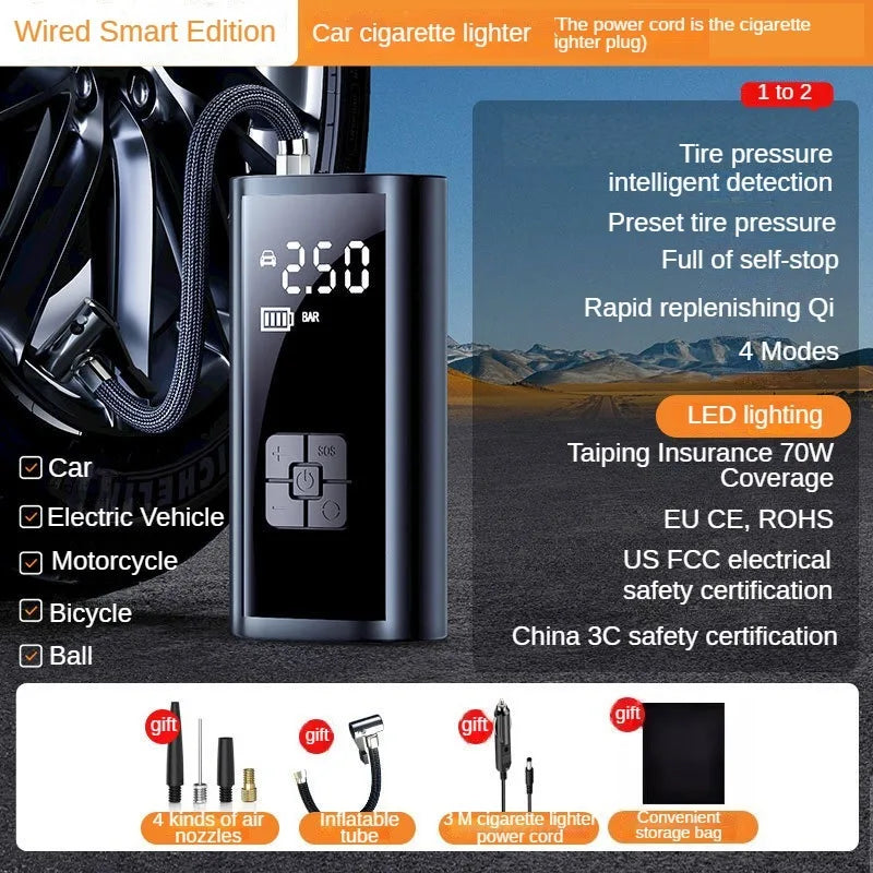 A black portable tire inflator air compressor with various accessories shown against a dark background.