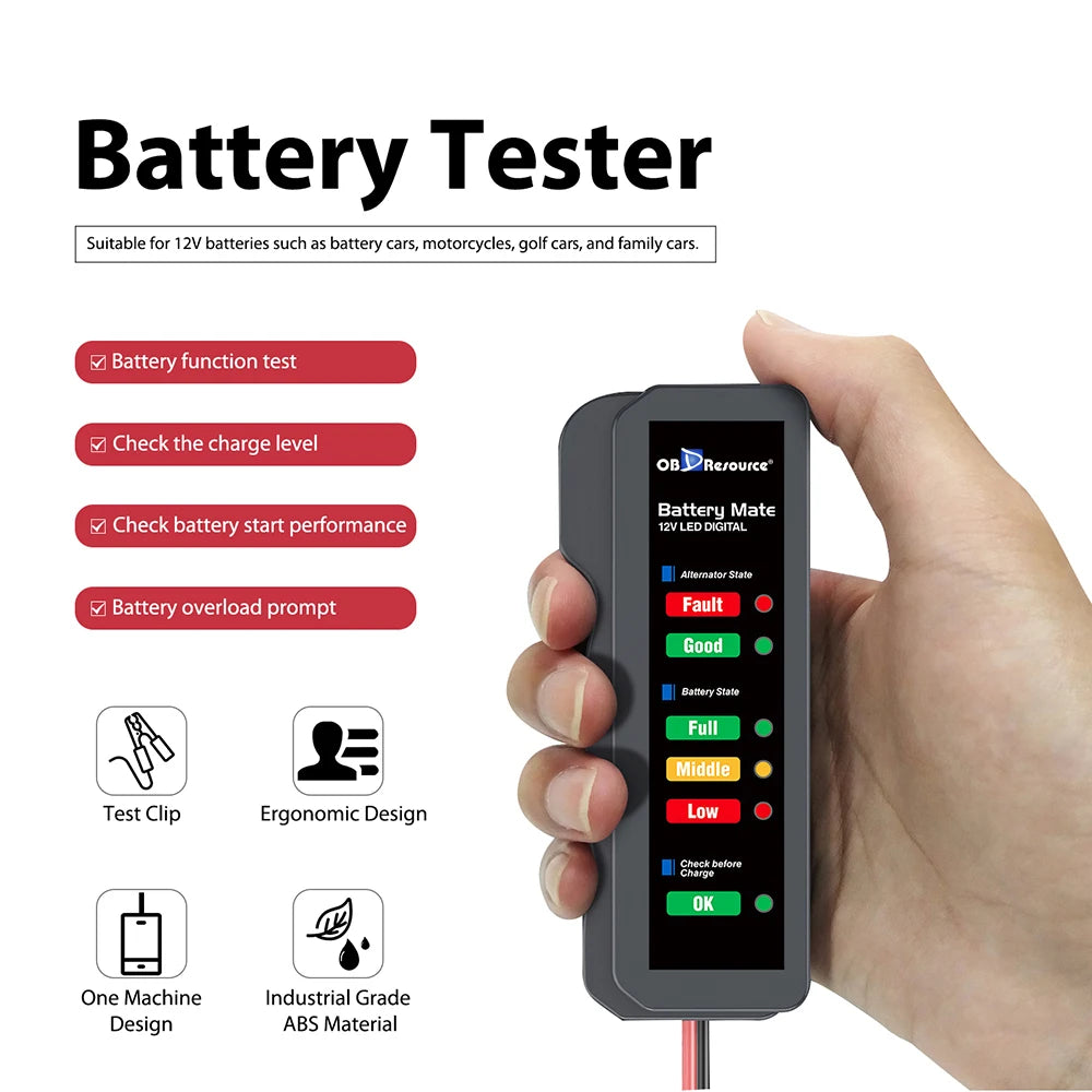 A hand holds an OB Resource battery tester device with an LED display, showing various battery test functions.
