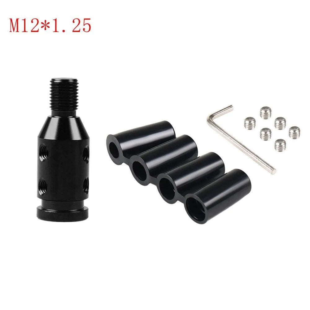 Black M12*1.25 threaded adapter with multiple cylindrical inserts and a metal rod.