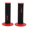 A pair of red and black motorcycle handlebar grips for dirt bikes.