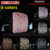 Six colors of leopard print plush fabric car headrest pillow covers shown in various shades.