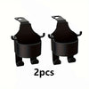 Two black car seat cup holder hooks for securing items.
