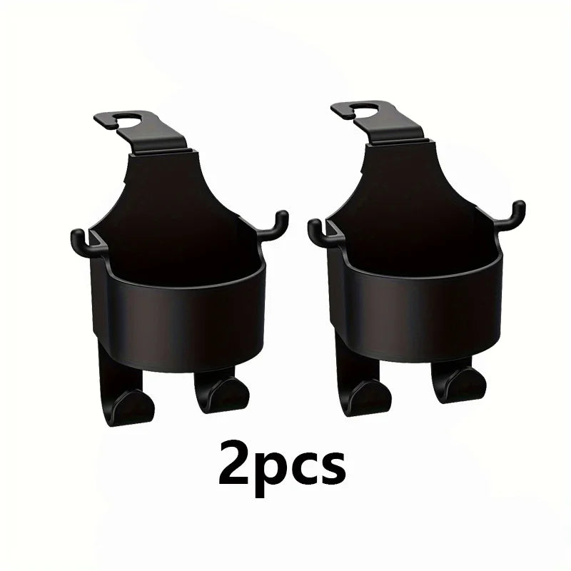 Two black car seat cup holder hooks for securing items.